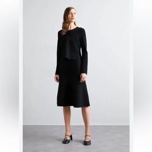 Theory Layered Trumpet Dress in Crepe Knit Black